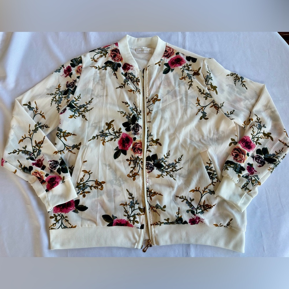 Hipster Row Sheer Floral Bomber Jacket Size Large
